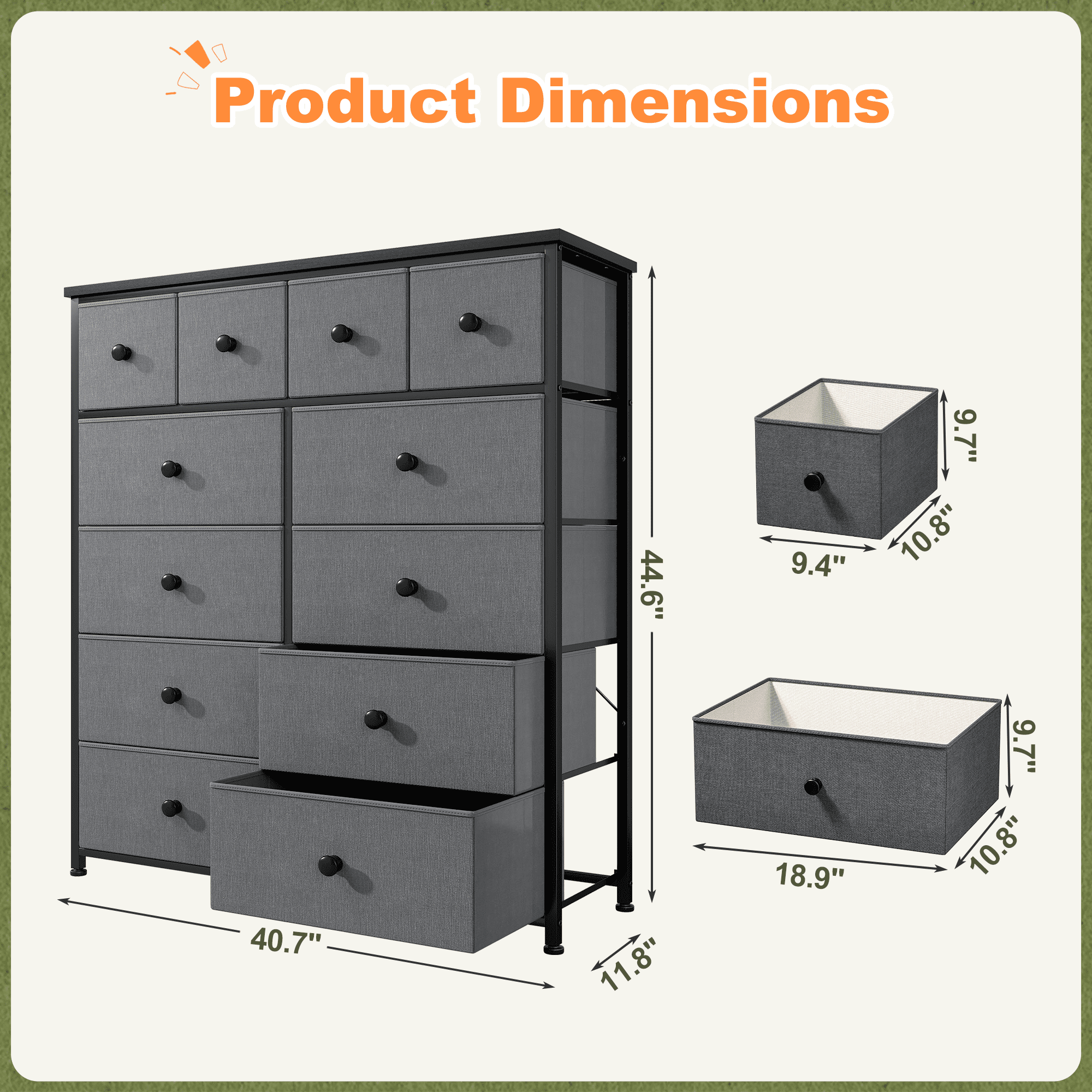 Romorgniz Tall Dresser for Bedroom with 12 Drawers Dresser for Closet Fabric Dressers and Chests of Drawers, Sturdy Metal Frame, Wood Top, Gray