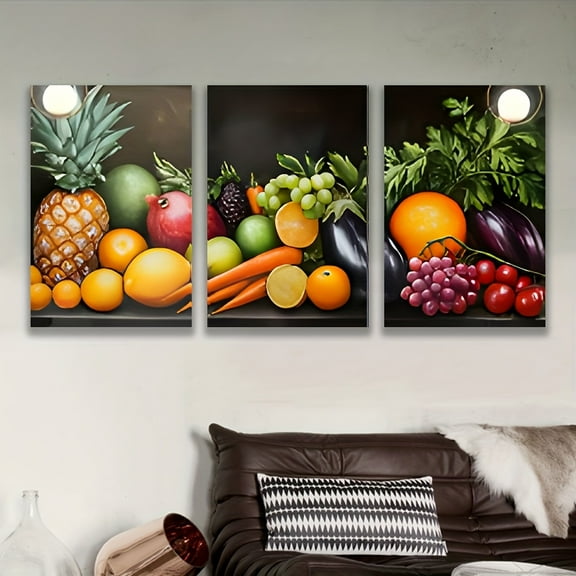 2D Flat 3pcs Vibrant Fresh Fruit & Vegetable Art Prints - Frameless Decorative Paintings for Kitchen, Dining Room, or Home Decor - Perfect Holiday Gift for Mother'S Day, Father'S Day, Birthdays & Mo