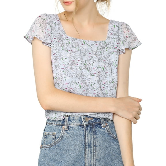 MODA NOVA Juniors Square Neck Ruffled Short Sleeve Floral Chiffon Blouse Grey XL