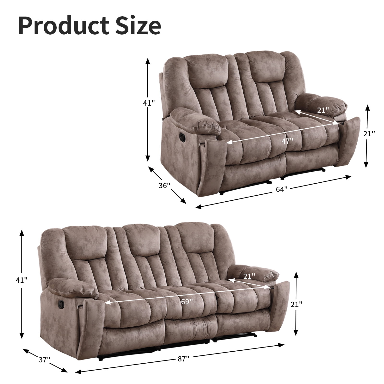Bonzy Home 2-Piece Manual Recliner Sofa Set, Overstuffed Reclining Loveseat and Wide 3PC Recliner Chairs Sofa for living room, Brown