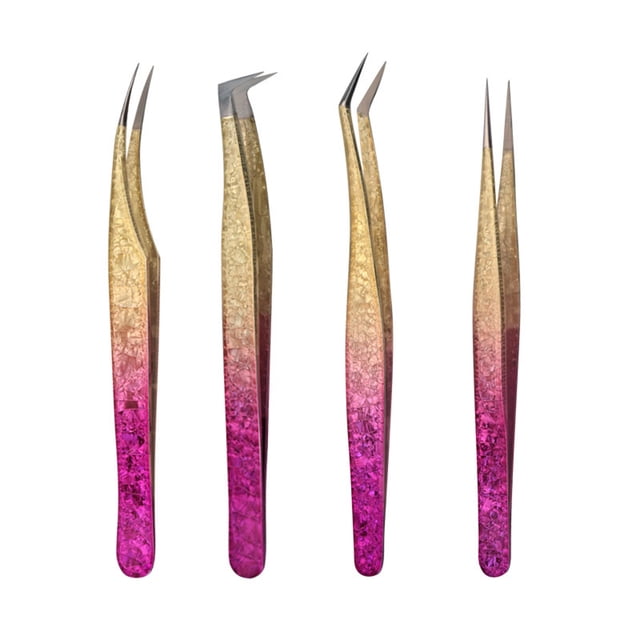 LASH Juego de 4 pinzas para extensiones de pestañas con punta de fibra de flor de hielo NANO - Pinzas para extensiones de pestañas Steel Lash Supply