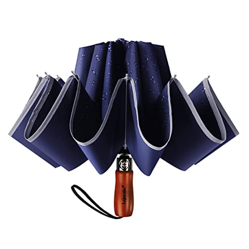 Lejorain Large Reverse Umbrella -50 Inch Windproof Inverted Umbrella - Automatic Folding Umbrella with Safety Reflective Strip(Blue)