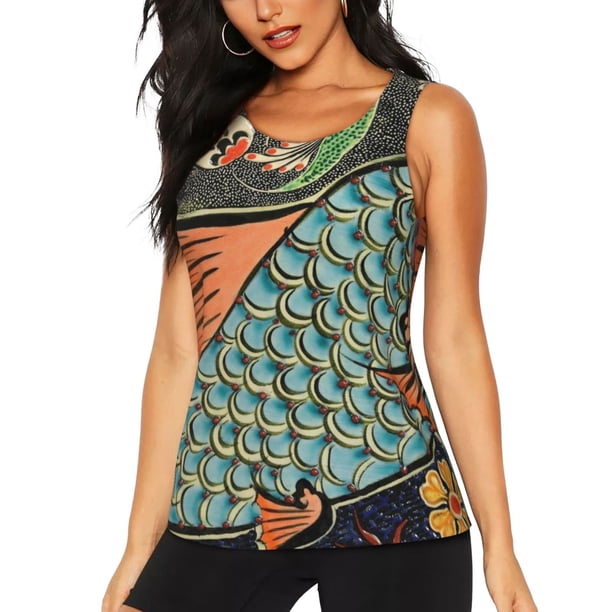 Balery Rich Fish Camiseta sin mangas estampada ligera para mujer, tops de entrenamiento sin mangas, camisetas de yoga transpirables de secado rápido.-XX-Large