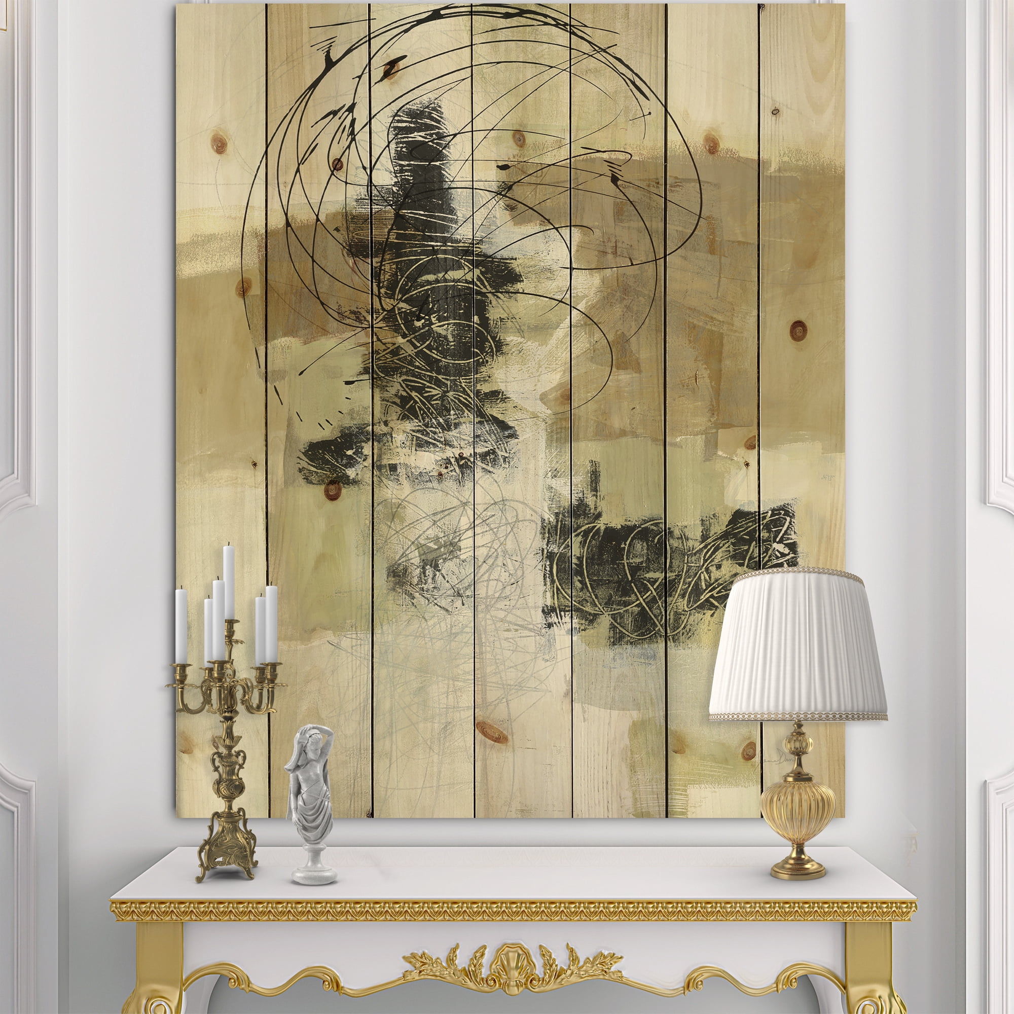 Designart 'Abstract Glam Cream Dream I' Modern & Contemporary Print on Natural Pine Wood