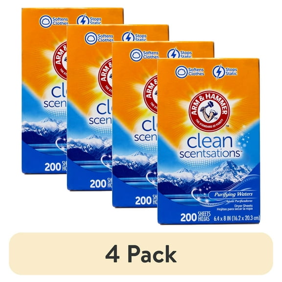 (4 pack) Arm & Hammer Clean Scentations Fabric Softener Sheets Purifying Waters Scent - 200 CT