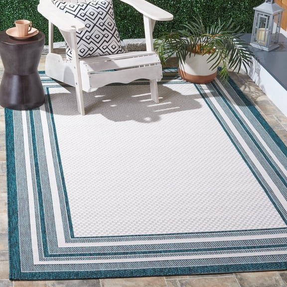 Safavieh Courtyard Ercan Bordered Indoor/Outdoor Area Rug, Ivory/Teal, 9' x 12'