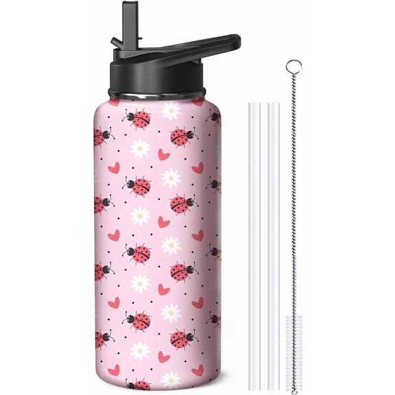 32oz Ladybug Water Bottle with Handle and Flip Straw, Animal Sports Stainless Steel Insulated Cup Travel Coffee Mug Tumbler, Birthday Mothers Day Chritmas Gifts for Women