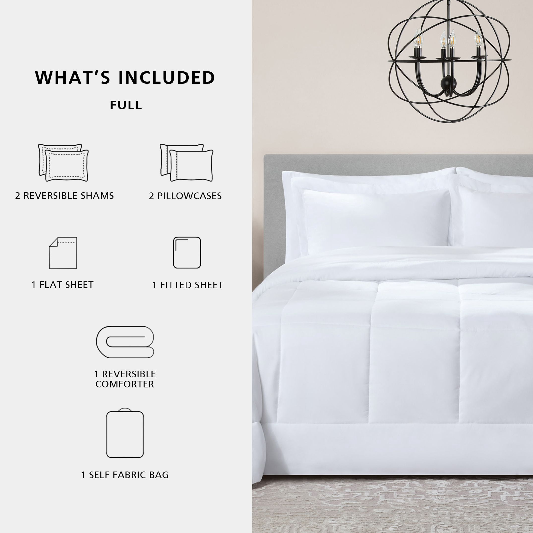 Mainstays Reversible 7-Piece Bed-in-a-Bag Comforter and Sheet Set, Full, White