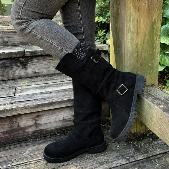 EYWGYA Women's Mid-Calf Boots,Women Low Heel Boots,Fashion Casual Winter Style Tall Boots Solid Color Buckle Round Toe Heel Mid Calf Boots