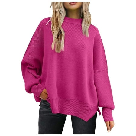 WEAIXIMIUNG Red Oversized Sweater Women Women's Crewneck Batwing Long Sleeve Sweaters 2024 Fall Oversized Ribbed Knit Side Slit Pullover Tops