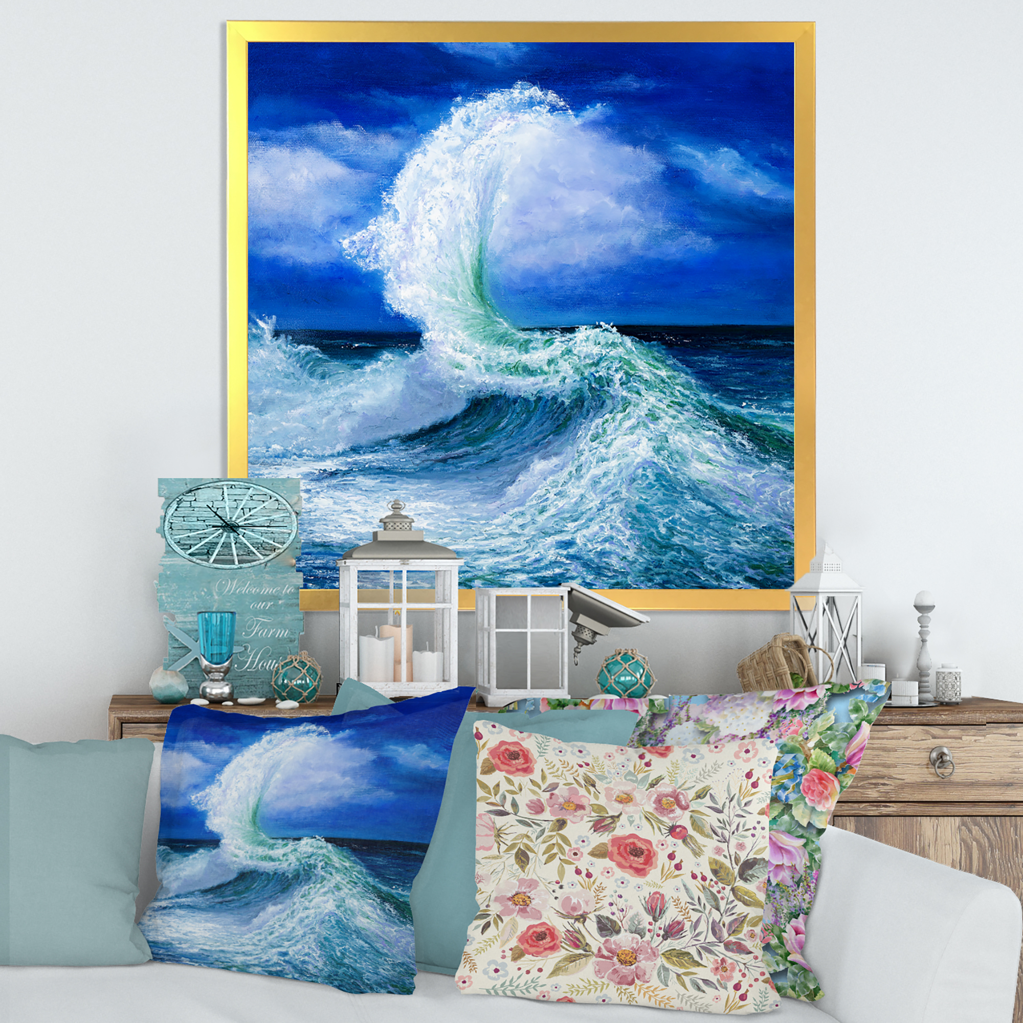 Waves Breaking During Wild Blue Ocean Tide 30 in x 30 in Framed Painting Canvas Art Print, by Designart