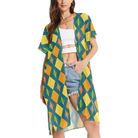 ALAZA Women s Beach Cover Up Checkered Grid Yellow Kimono Swimsuit Summer Cardigan Swimwear L