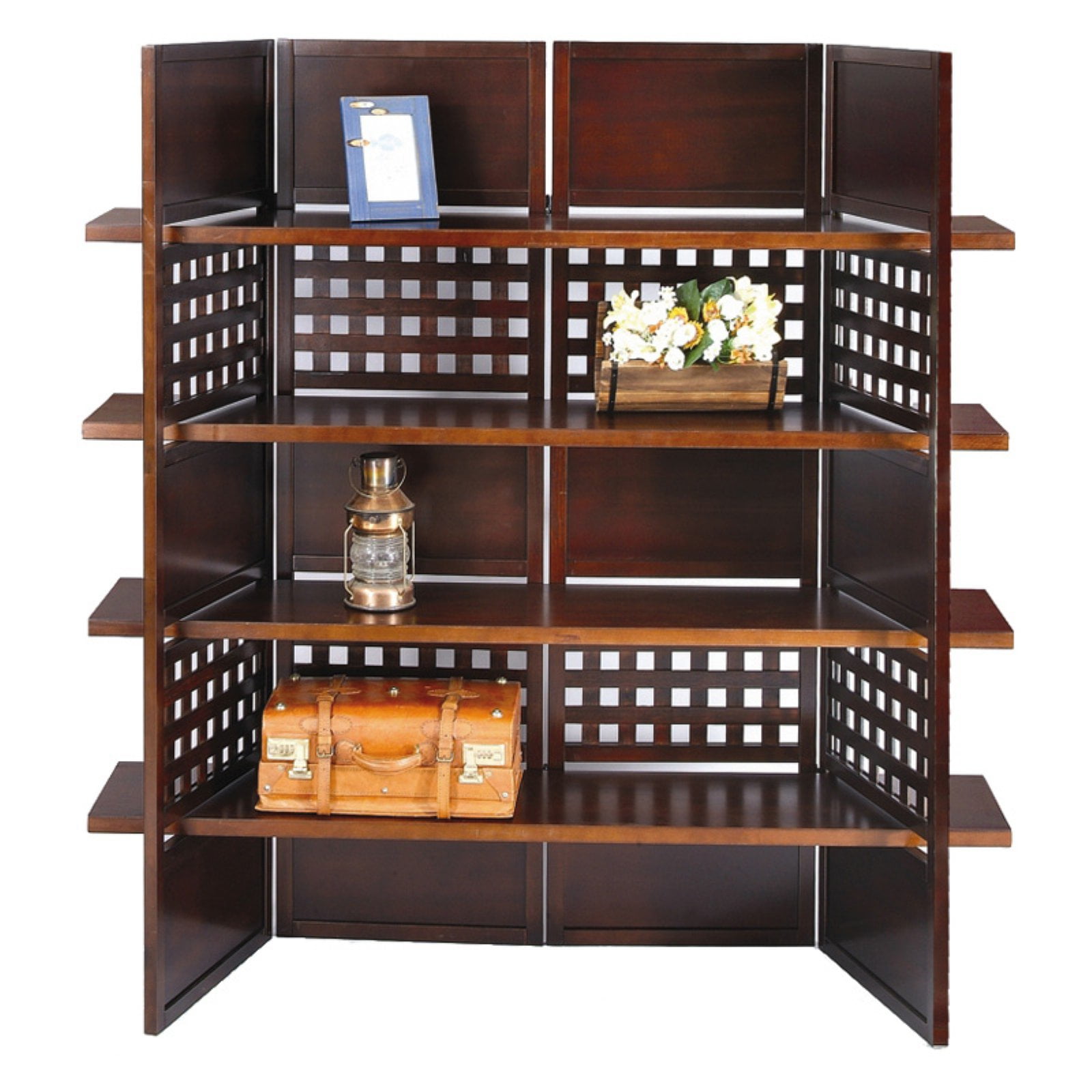 Ore International 4Panel Book Shelves Walnut Finish Room Divider
