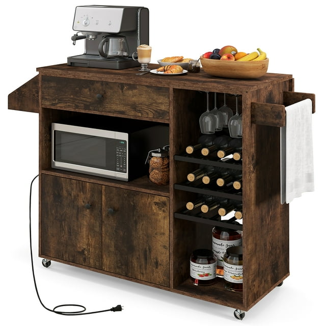 Gymax Chariot d'Îlot de Cuisine avec Abattant et Prise de Courant, Étagère pour Micro-Ondes, Casier à Vin, Tiroir, Brun Rustique