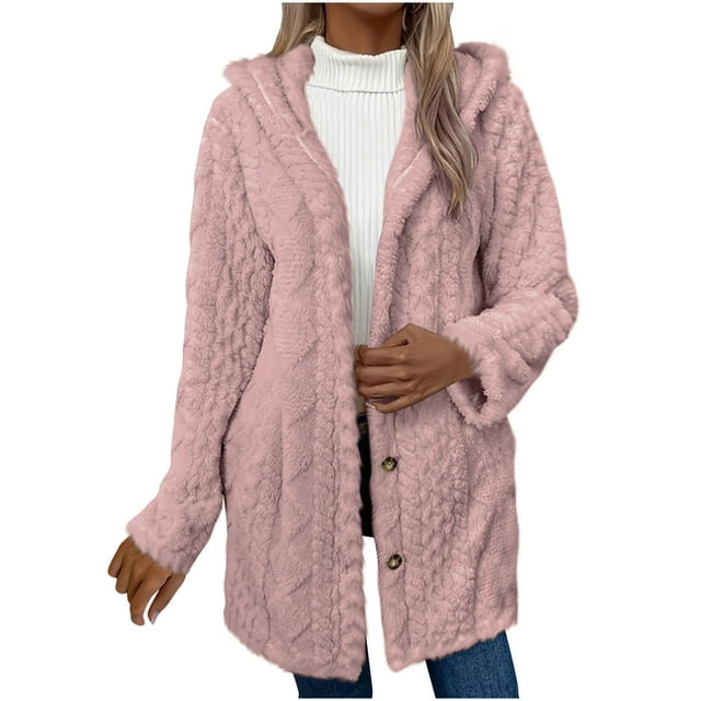 KIHOUT Womens Winter Long Sleeve Solid Fuzzy Fleece Open Front Button Hooded Cardigans Jacket Coats Outerwear