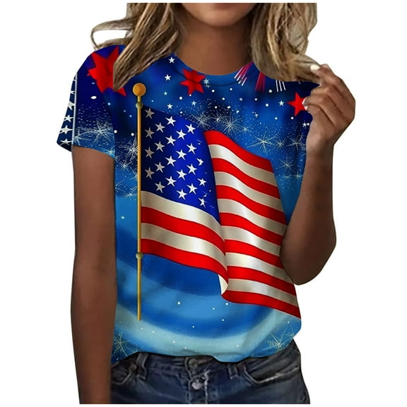 SELONE Red White Blue Shirts Independence Day Summer Tops for Women Fashion Summer V Neck Short Sleeve Casual T Shirt Blouse Womens American Flag Apparel Plus Size Patriotic Clothing White M