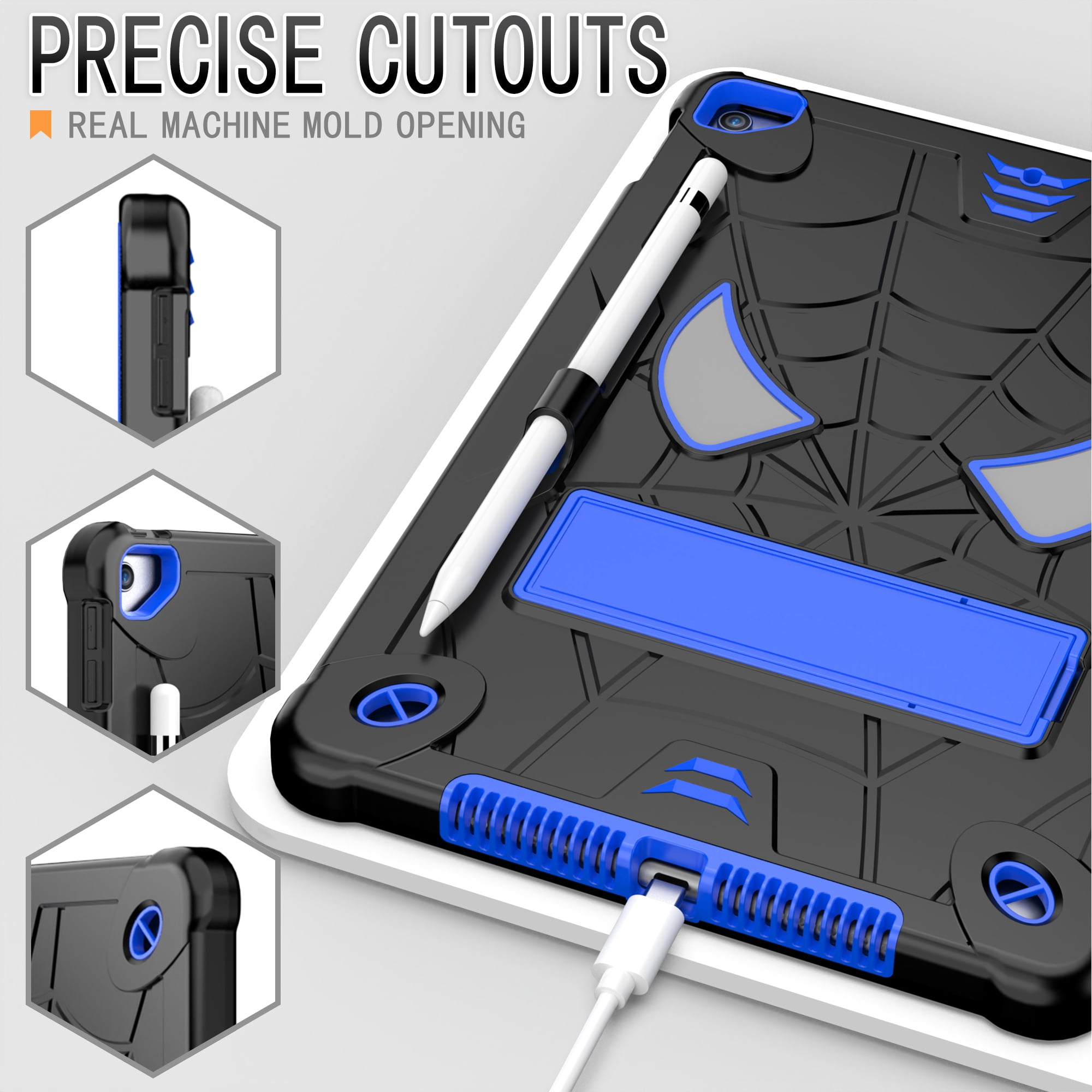 ELEHOLD Kids Case for iPad 9th/8th/7th Gen 10.2" 2021/2020/2019, Heavy Duty Rugged Cover with Foldable Kickstand Crossbody Shoulder Strap Pencil Holder Shockproof Case for iPad 10.2",Black+Blue