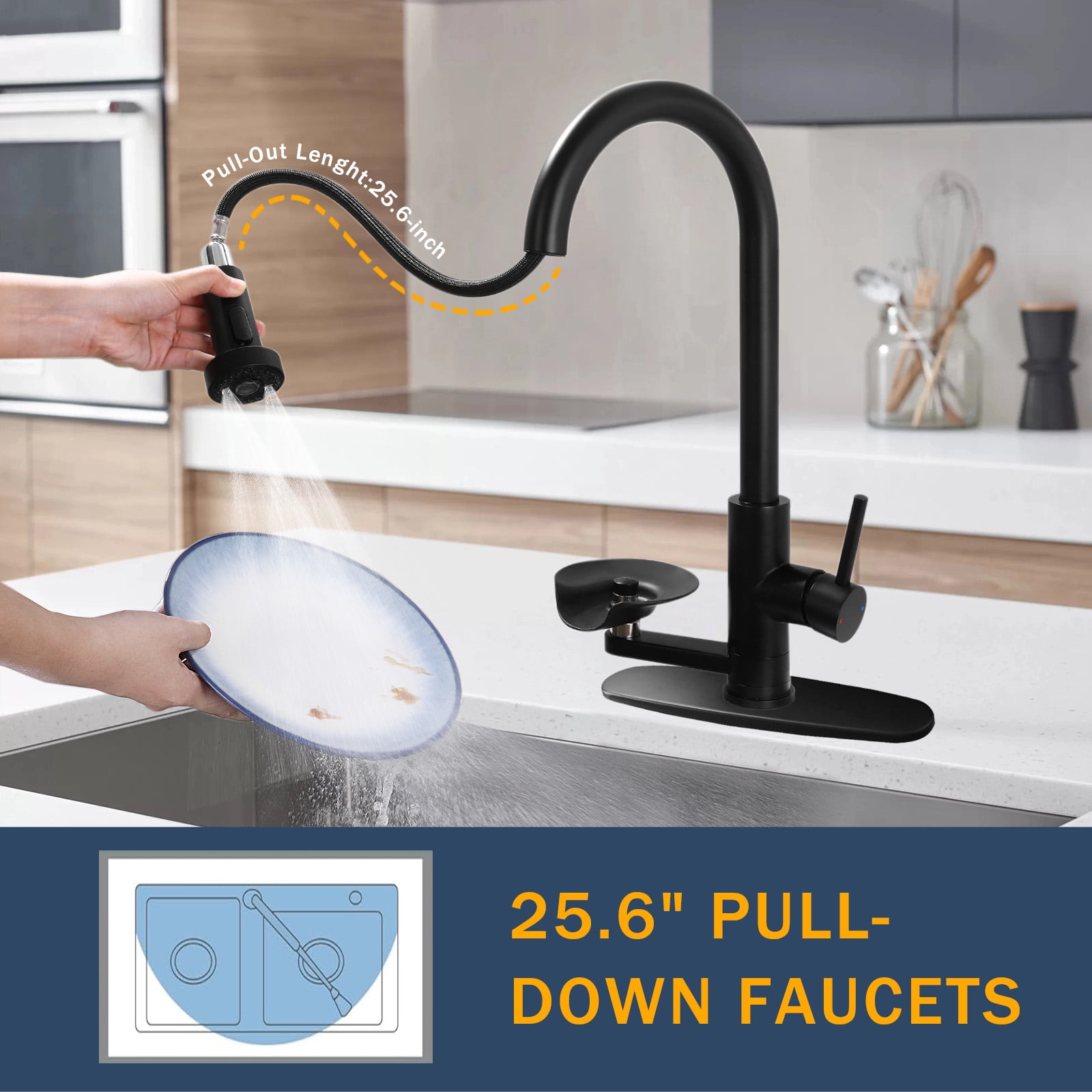3 in 1 Kitchen Faucet with Press-Type Glass Rinser, High-Arc Pull-Down Sprayer Faucet, 3 Function Spray Mode, Matte Black Finish, for Modern Kitchen Sink