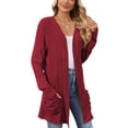 thumbnail image 2 of TEMOFON womens Dressy Tops New Solid Colour Pit Stripe Brushed Pocket Cardigan Long Sleeve Mid Length Coarse Sweater, 2 of 4