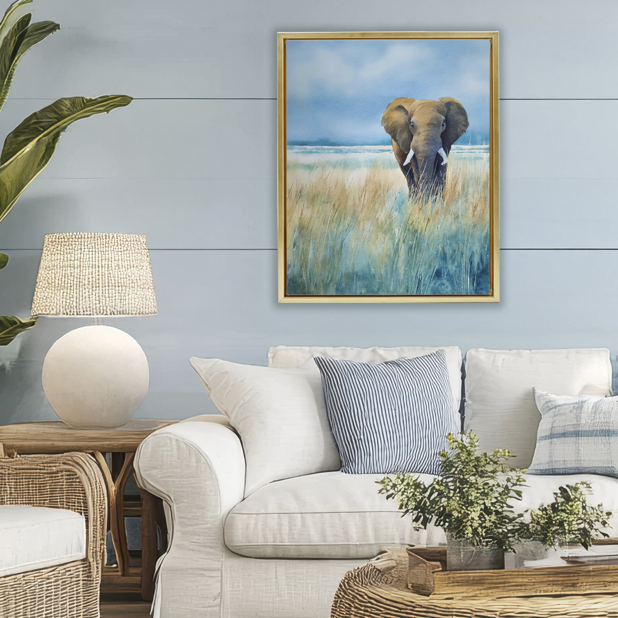 Stupell Industries Blue Grass Elephant Gold Framed Floater Canvas Wall Art, design by Franklyn Gregory