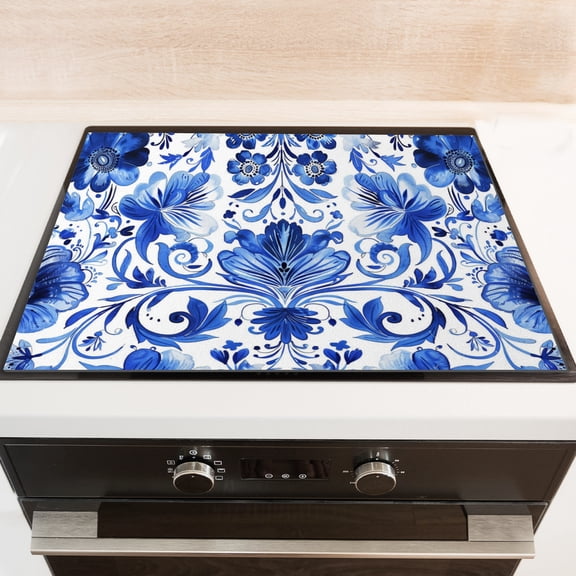 Stove Cover For Gas Stove, Blue and White Pattern with Floral Ornament Print Non-slip Glass Induction Cooktop Protector, Foldable Multifunctional Protector Mat for Kitchen RV (28×20 Inch)