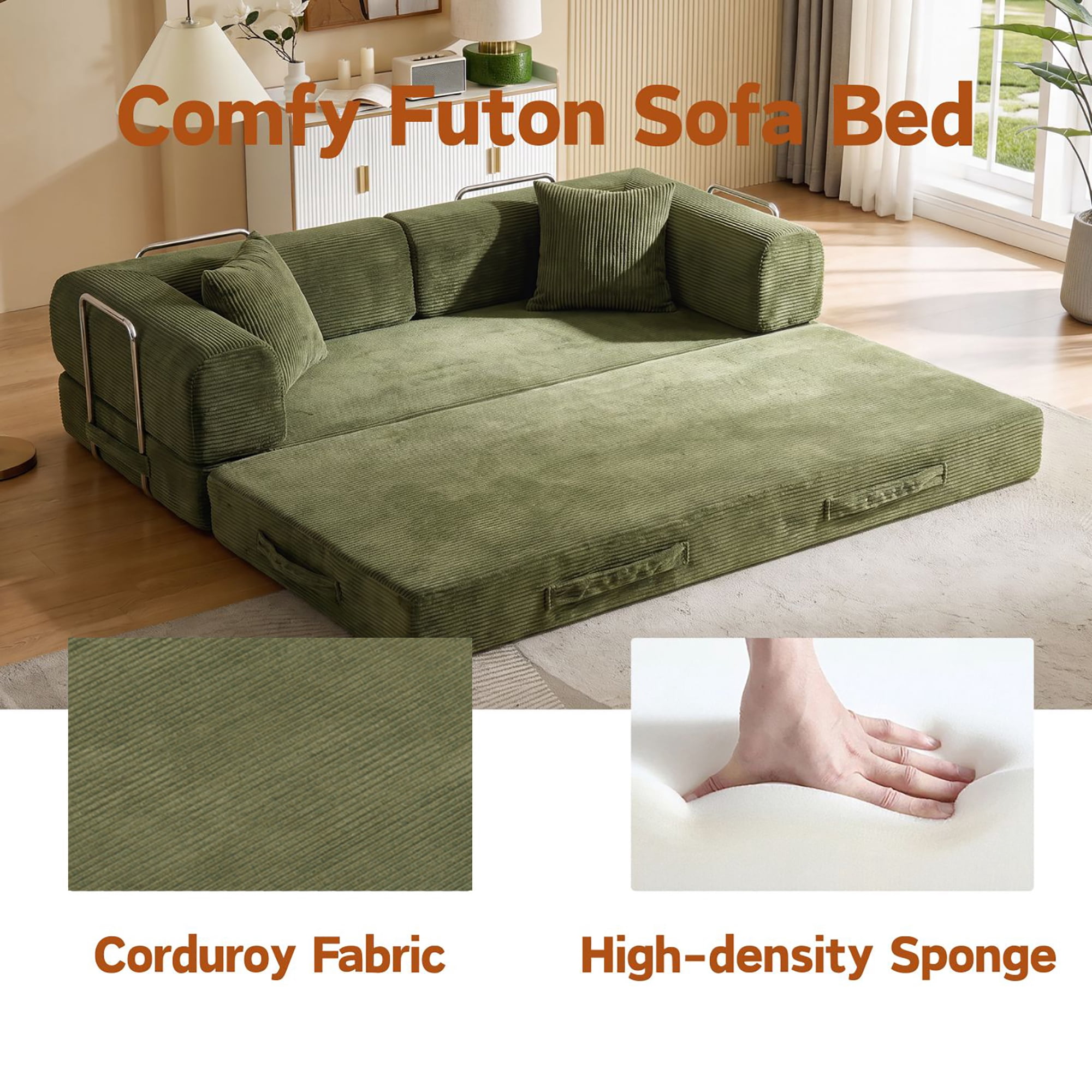 HOQBN Convertible Sofa Bed, Corduroy Fold Out Futon Sleeper Mattress with Pillows, Boneless Folding Floor Couch for Living Room Bedroom Green