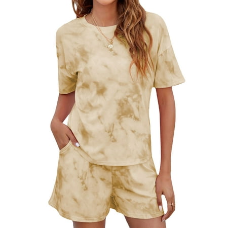 

HUBERY Women Round Neck Tie-Dye Printed Short Sleeve Pocket Sleepwear Set