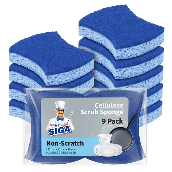 MR.SIGA Non-Scratch Cellulose Scrub Sponge, Dual-Sided Dishwashing Sponge for Kitchen, 9 Pack