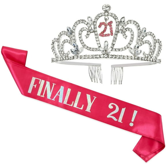 Juvale 21st Birthday Sash & Crown Set - Hot Pink Reflective Finally 21 Sash - Sparkling Rhinestone Tiara for Finally 21 Celebration - Complete Party Set & 21st Birthday Decorations - Pink - 61 x 4 in