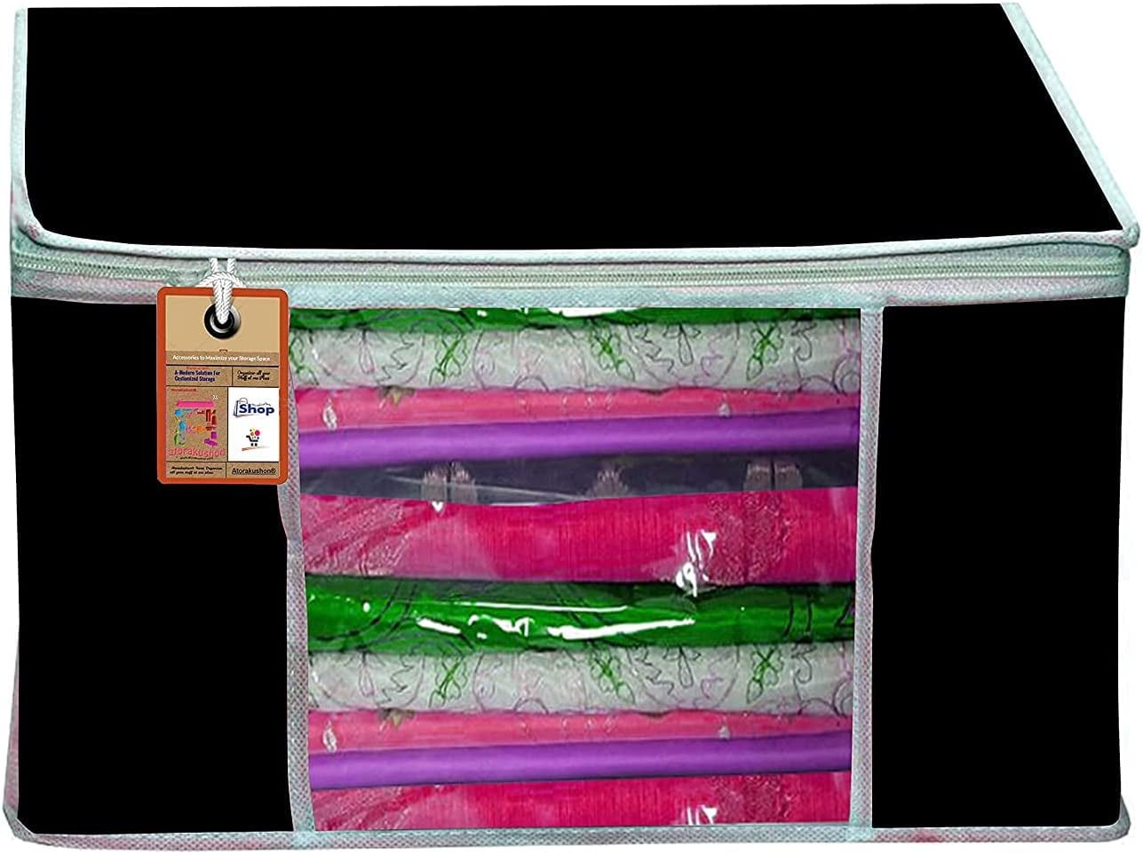 atorakushon Pack of 6 Nonwoven Fabric Foldable Garments Sare Blouse Clothes Storage Cover Bag Pouch With Transparent Window and Zip Lock (Black)