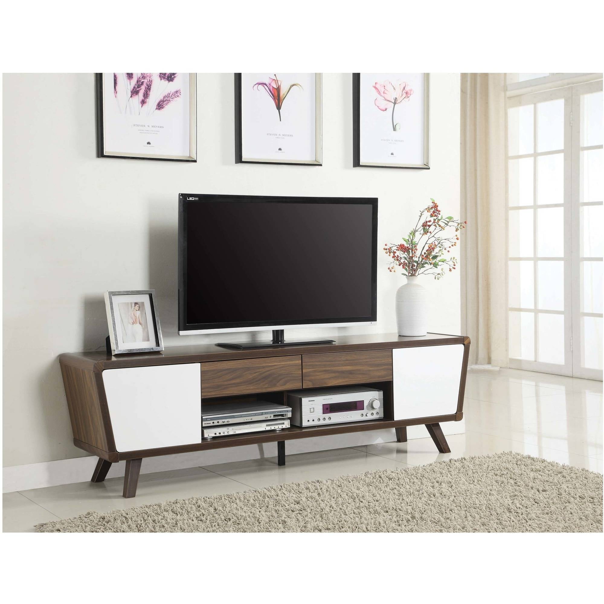 Modern Mid Century 75" TV Media Console Stand Cabinet Retro Wood
