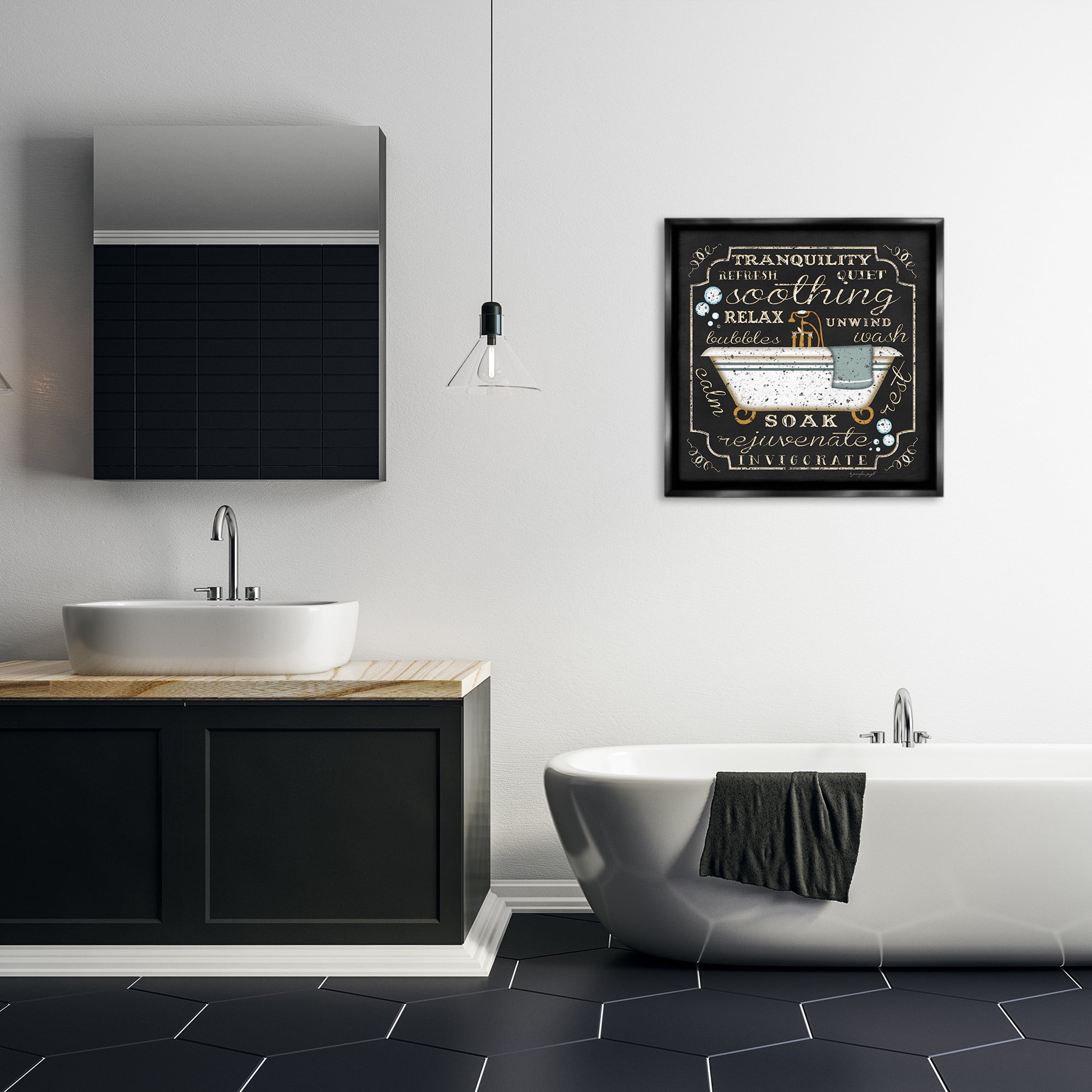 Stupell Industries Country Bathtub with Various Phrases Typography Painting Black Floater Framed Canvas Art Print Wall Art, 25 x 25