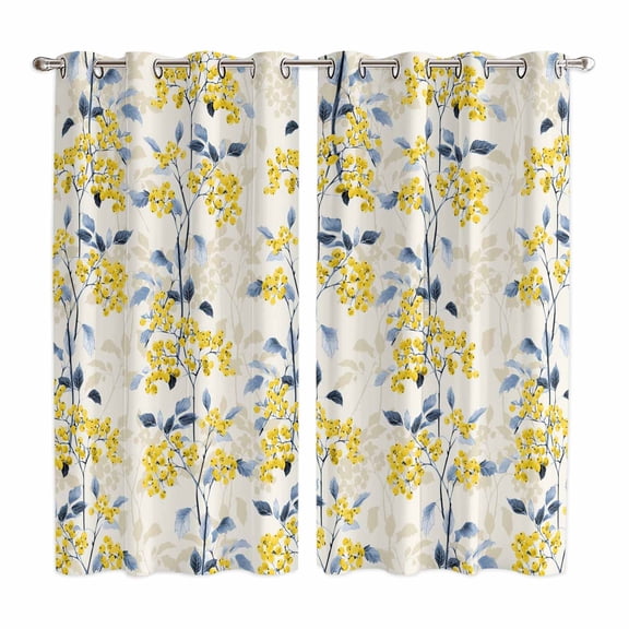 Yellow Blue Spring Floral Kitchen Curtains 63 Inch Length, Summer Botanical Farmhouse Grommet Top Bedroom Living Room Curtains, Light Filtering Cafe Curtain Drapes 2 Panels Set 84''x63''