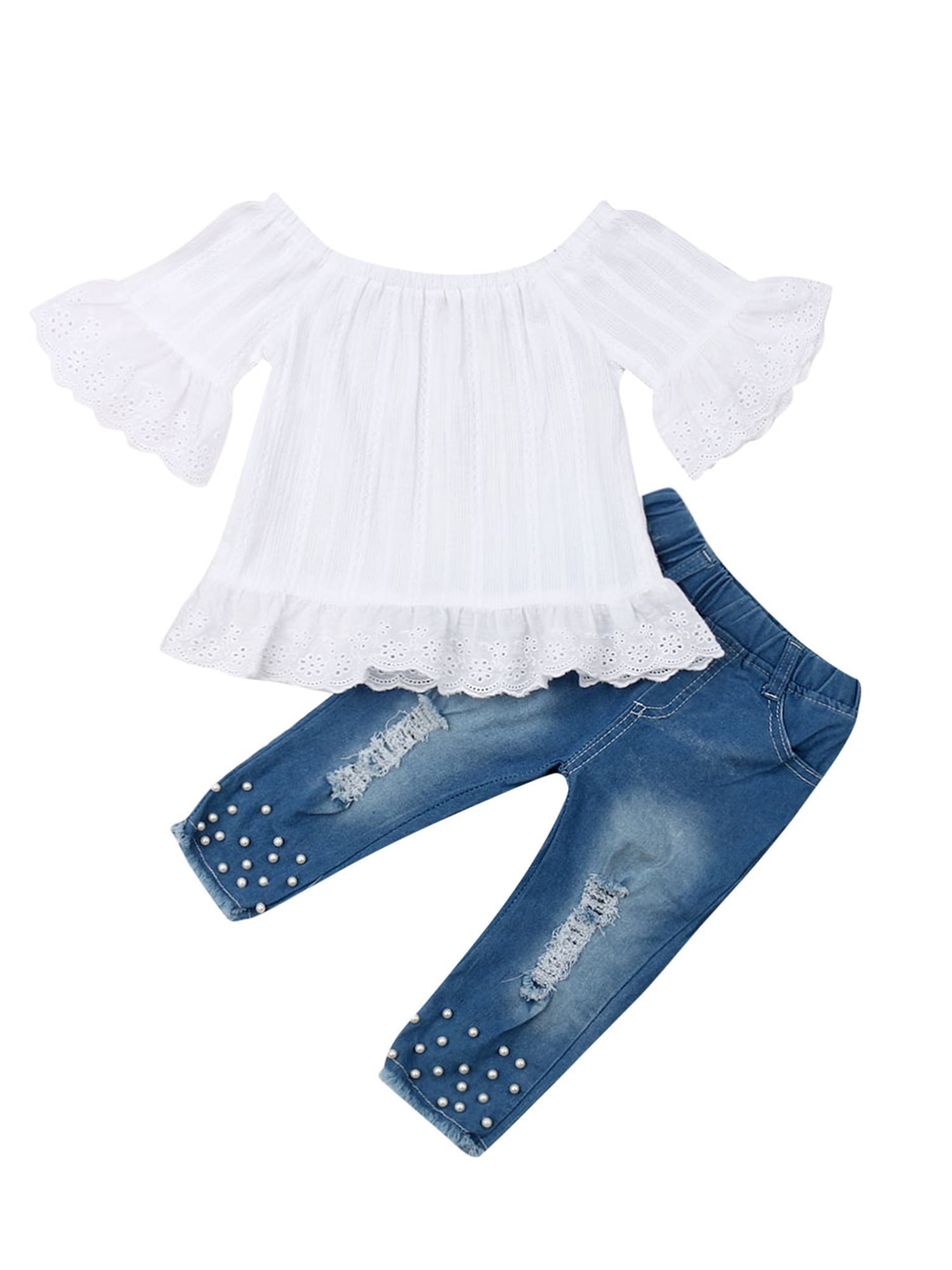 US 2PCS Toddler Kids Baby Girl Ruffle Tops T-shirt Denim Pants Jeans ...