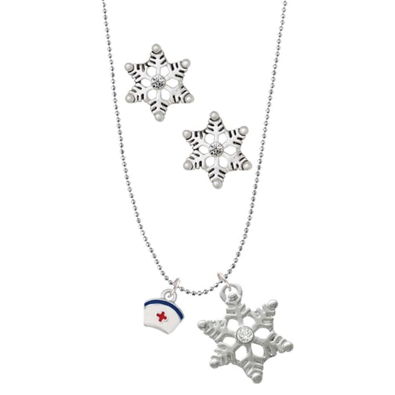 Delight Jewelry Silvertone Mini Nurse Hat Silver tone Snowflake Charm Necklace and Stud Earrings