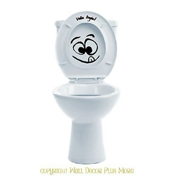 Funny Face Toilet Art Vinyl Decals with Hello Again Lettering, Great for Boys Bathroom, Glossy Black