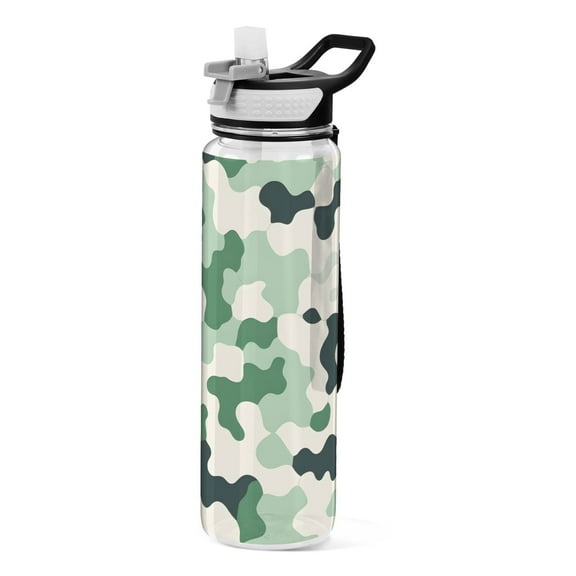 Green Camouflage Shapes Sports Water Bottle with Straws 32 oz Tritan Clear Bottles BPA Free Leakproof Cup for Outdoor School Gym Fitness