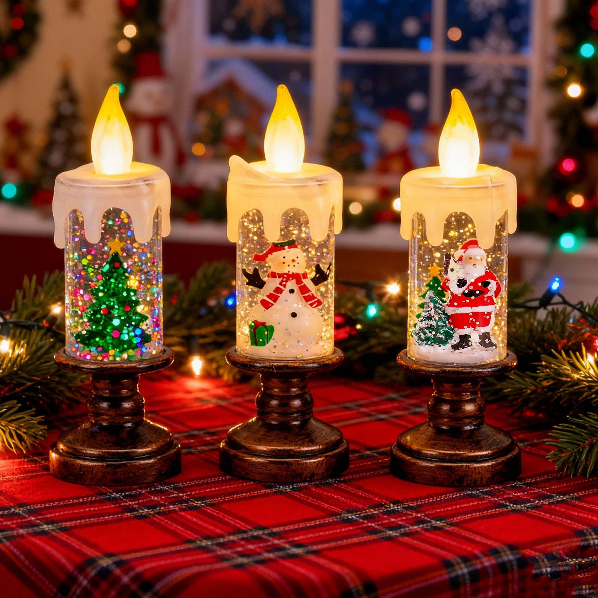 Deago Christmas Flameless LED Candles Set of 3 with Santa Claus, Snowman, Xmas Tree - Battery Operated Christmas Themed Festival Gift Decorations