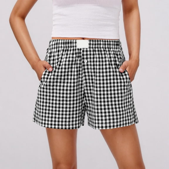 SDNall Women's Elastic Waist Shorts for Summer Casual, Checkered Pattern with Button Front and Pockets, Comfortable and Breathable