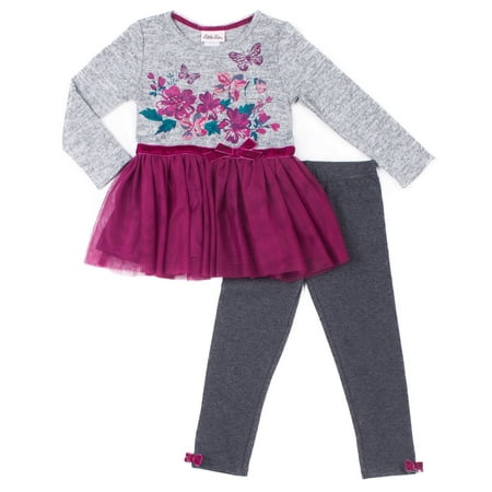 Floral Outfit Girl - Floral Embroidered Tutu Tunic & Leggings, 2-Piece Outfit Set (Baby Girls & Toddler Girls)