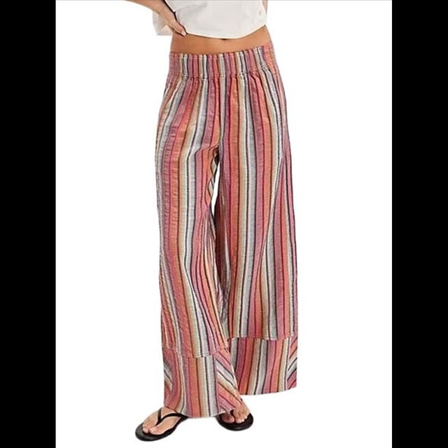Pantalones de Rayas para Mujer, Cintura Alta, Pierna , Algodón y , Moda Playera, Cintura Elástica, Pantalones Casuales Sueltos. Rosa S