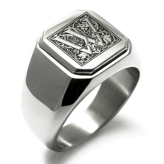Stainless Steel Letter W Initial Floral Box Monogram Engraved Engraved Square Flat Top Biker Style Polished Signet Ring