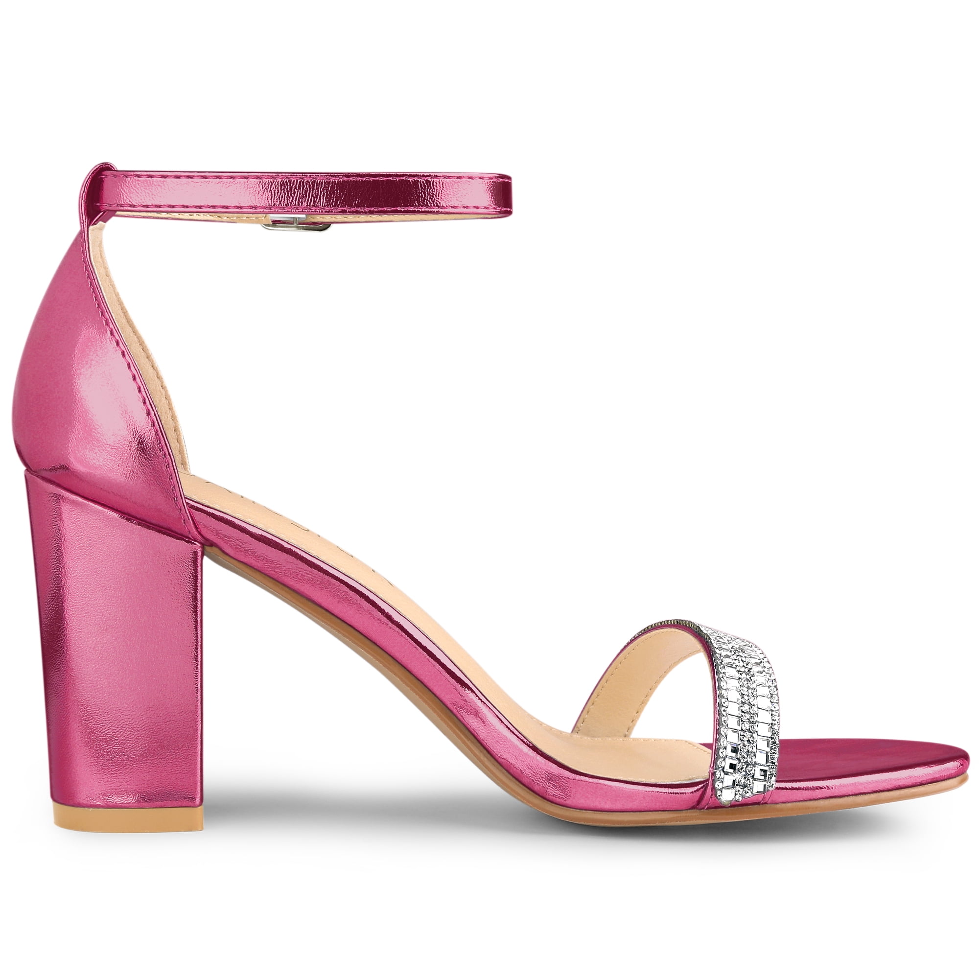 DARING DIVA Women's Rhinestone Ankle Strap Chunky Heels Sandals Hot Pink 8