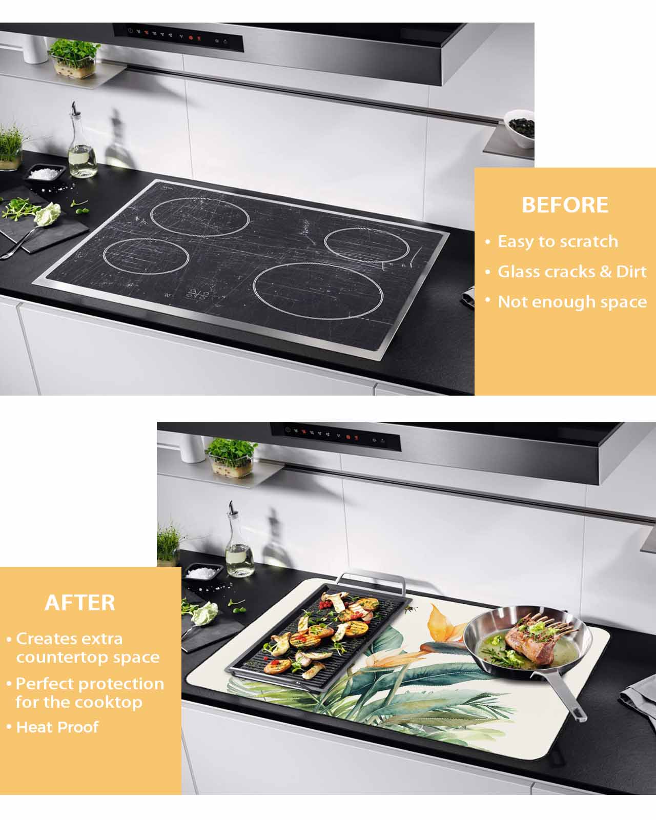 nqOlkjepod Large Induction Cooktop Protector Mat 36"x21", Green Palm Leaf Stove Top Covers for Electric Stove, Summer Bee Tropical Plant Pastoral Stove Burner Cover Mats, Glass Top Stove Cover