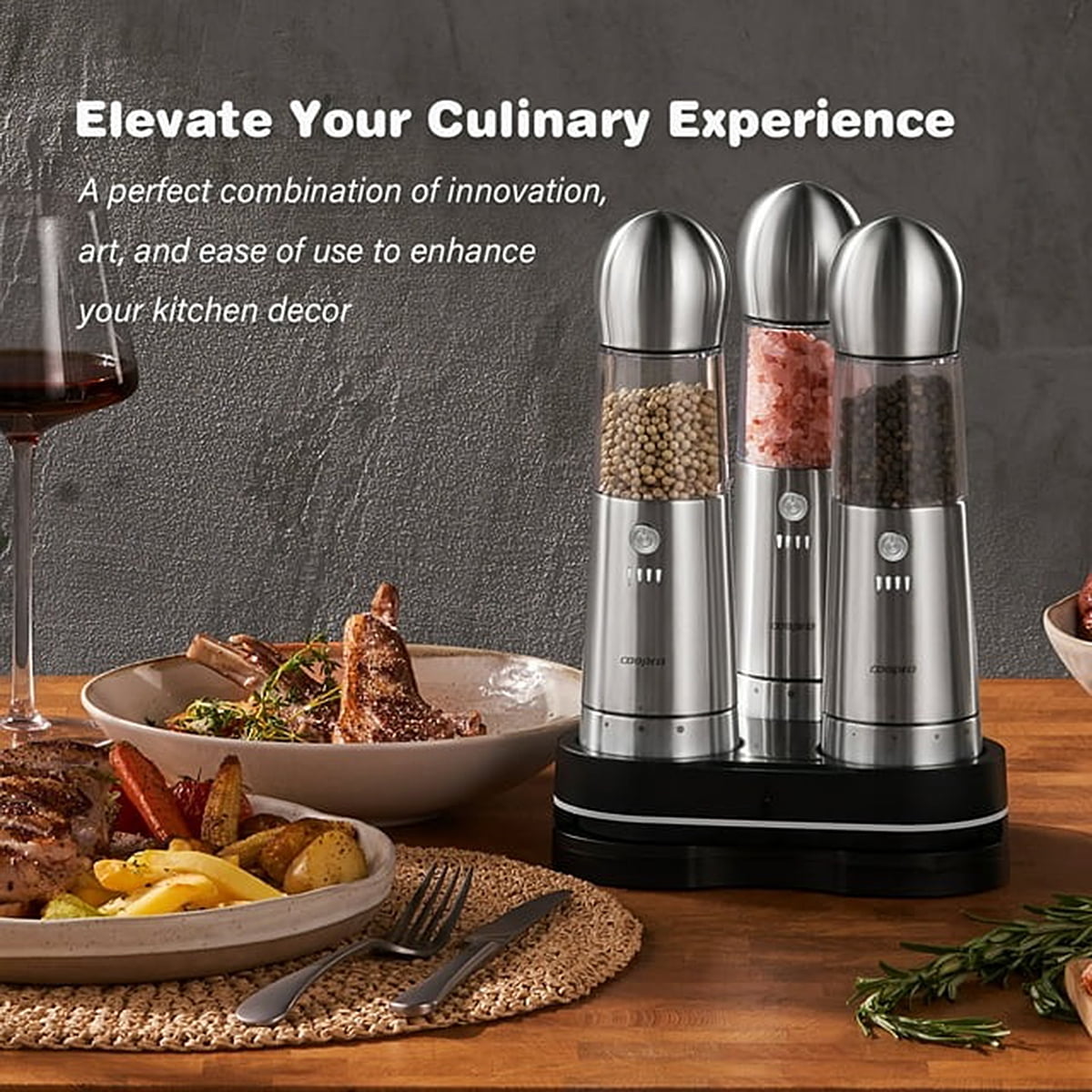 COSPRO 3-in-1 Wireless Charging Electric Salt and Pepper Grinder Set, Rechargeable Automatic Stainless Steel Spices Mill Set - One-Hand to Operate, Adjustable Coarseness, Easy Cleaning