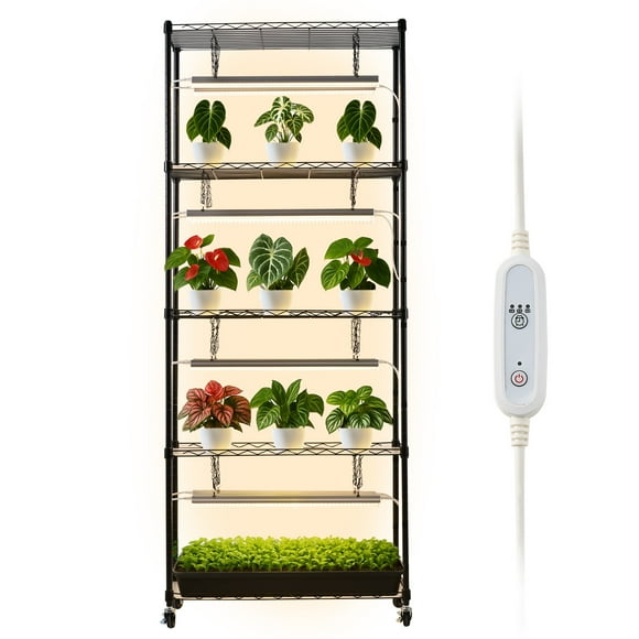 VEVOR Plant Shelf with Grow Light, 6-Tier Indoor Plant Stand, 71 in Tall Plants Display Rack with Wheels & 4/9/14H Timer, 80W T5 LED Full Spectrum Grow Lights
