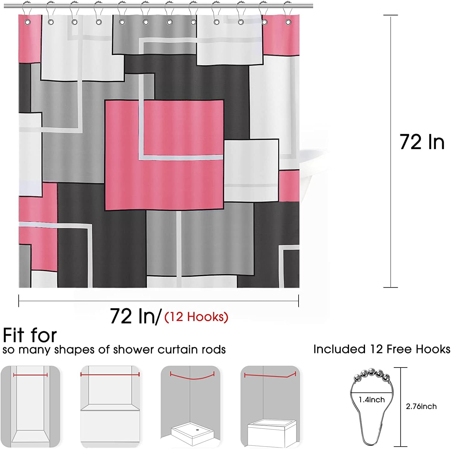 Pink Shower Curtain Black and White Shower Curtains for Bathroom Fabric Grey Shower Curtain Geometric Bath Curtains Decorative Gray Shower Curtain Set with Hooks Water Repellent, 72x72, Pink