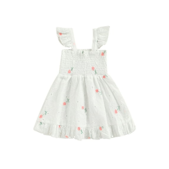 Qmyliery Toddler Baby Girl Fly Sleeve Dress, Flower Embroidered Pattern Hollow Ruched A-Line Dress for Summer