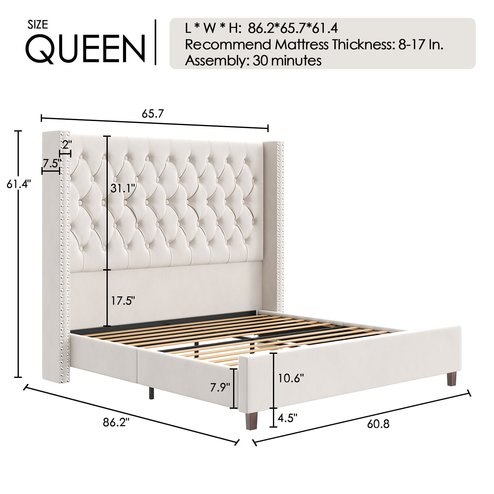 VanAcc Queen Upholstered Platform Bed Frame with Tufted Velvet Headboard, Cream