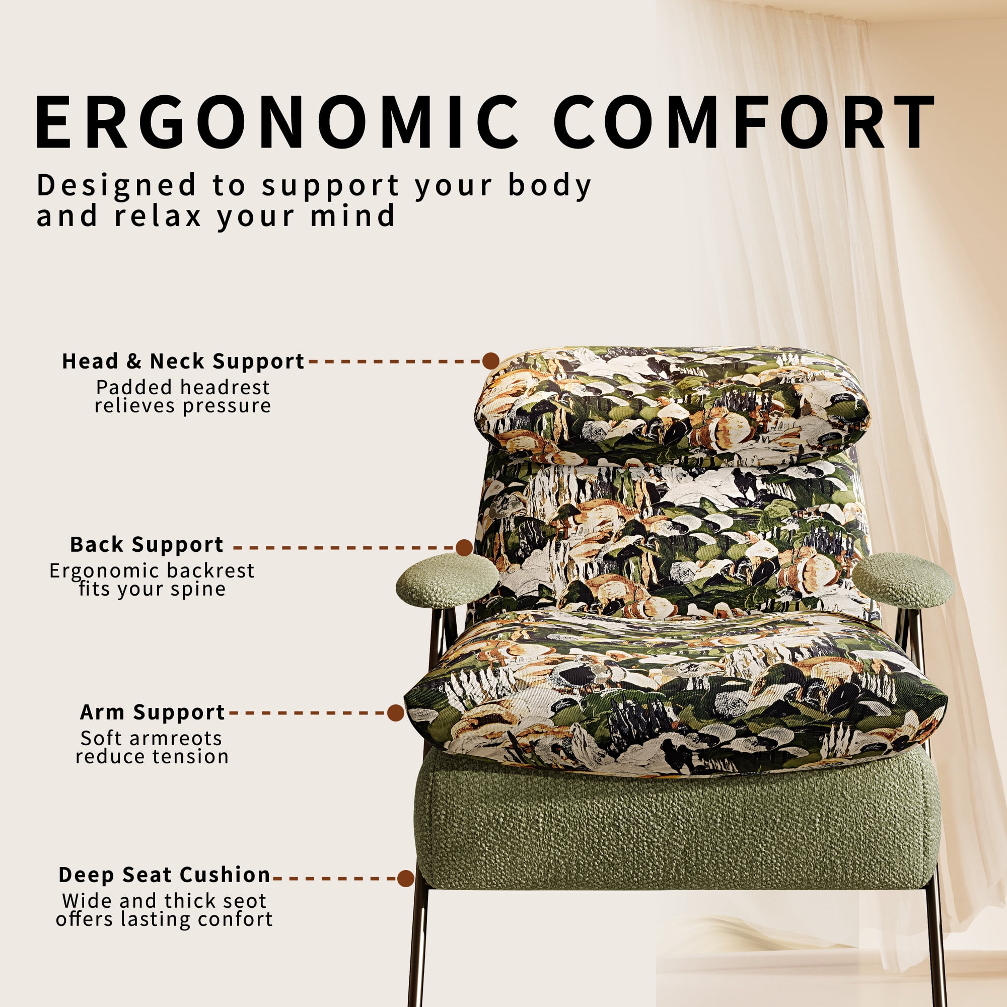 Howcool Modern Upholstered Accent Chair,Armchair with Wide Cushioned Seat,Ergonomic Lounge Chair with Solid Wood Frame for Living Room,Bedroom,Pattern